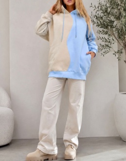 Beżowo-niebieska bluza basic z kapturem